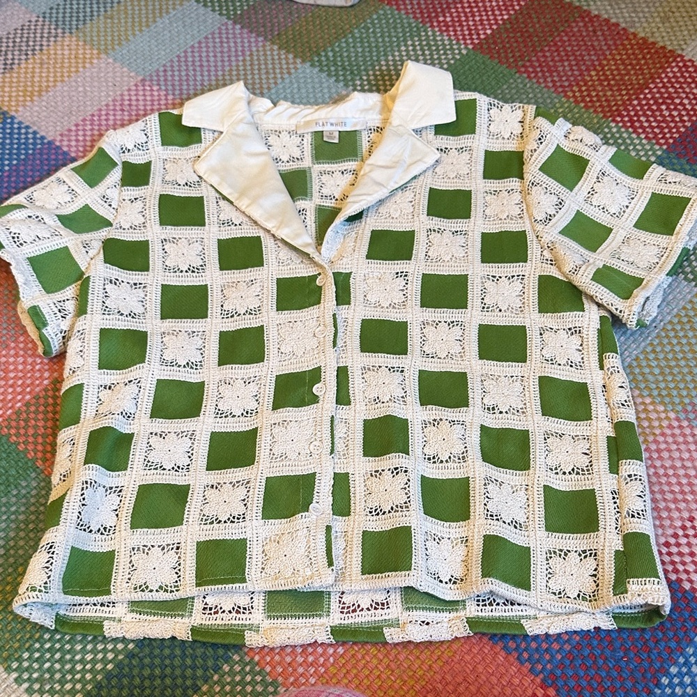 Women's Green and Cream Crochet Button Down Shirt
